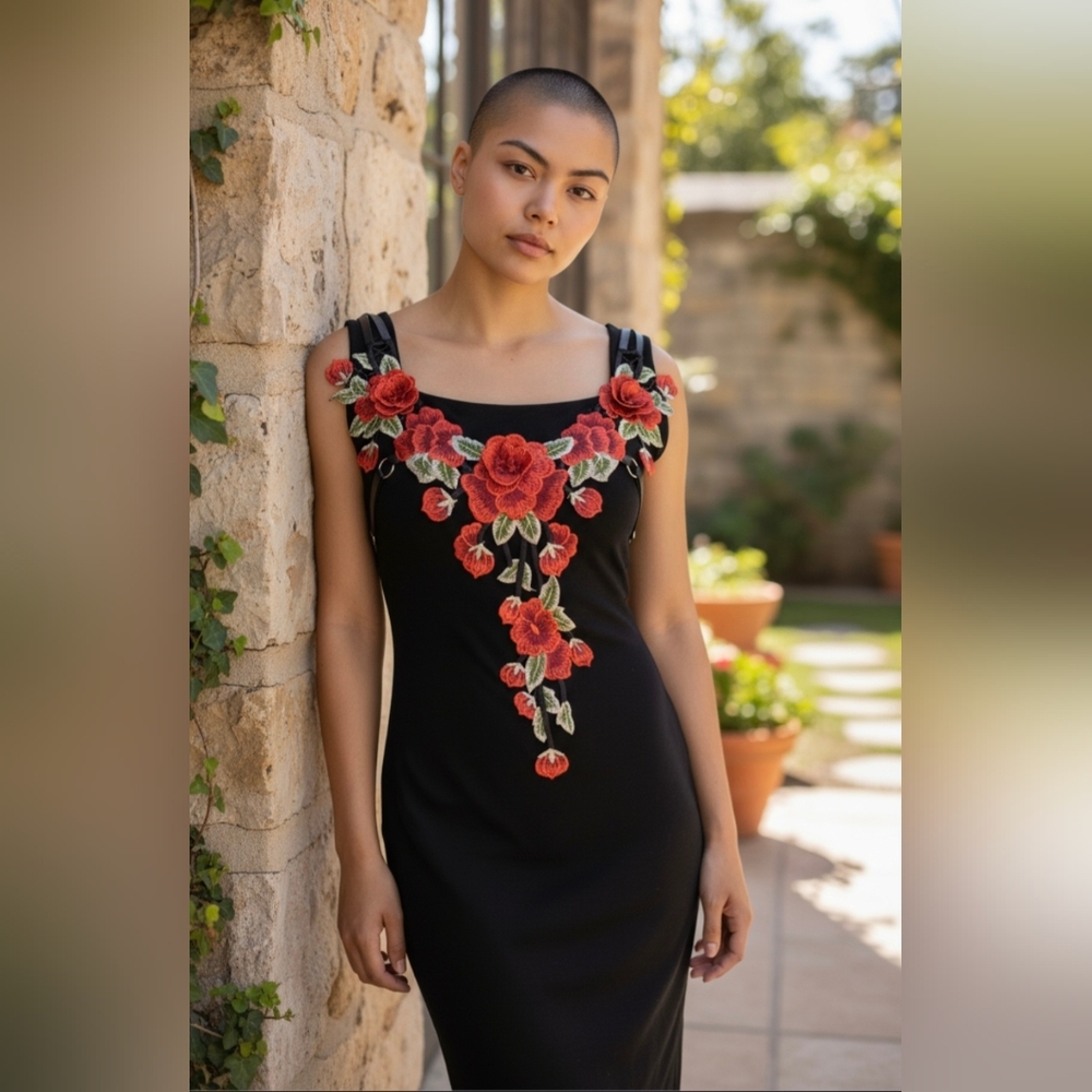 Statement Black Dress with Red Rose Embroidery & Adjustable Harness Detail